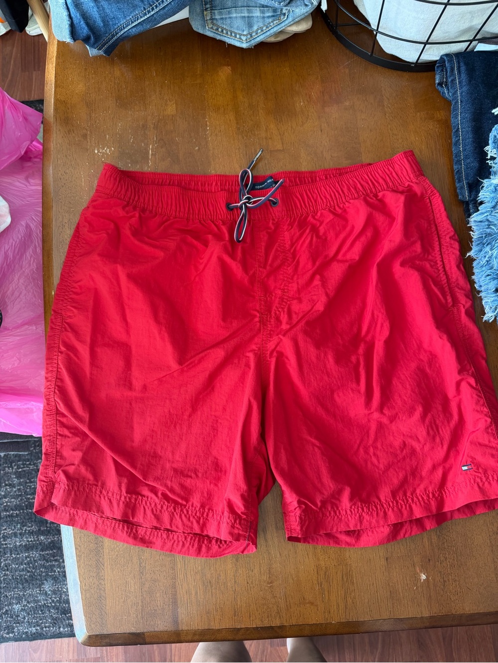 Tommy Hilfiger Red Men's Swim Trunks with Contrast Drawstring